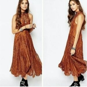 Free People Lace Overlay Trapeze Lined Sleeveless Rust Orange Midi Dress Medium